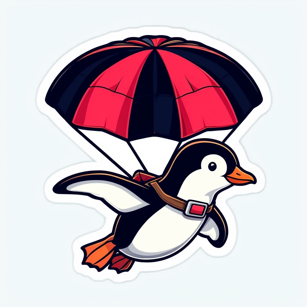 Whimsical Cartoon Penguin Parachuting Illustration Sticker