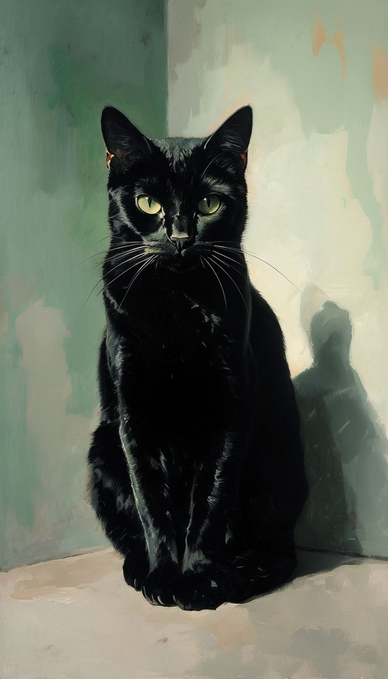 Sleek Black Cat with Intense Green Eyes Oil Painting Mobile Wallpaper