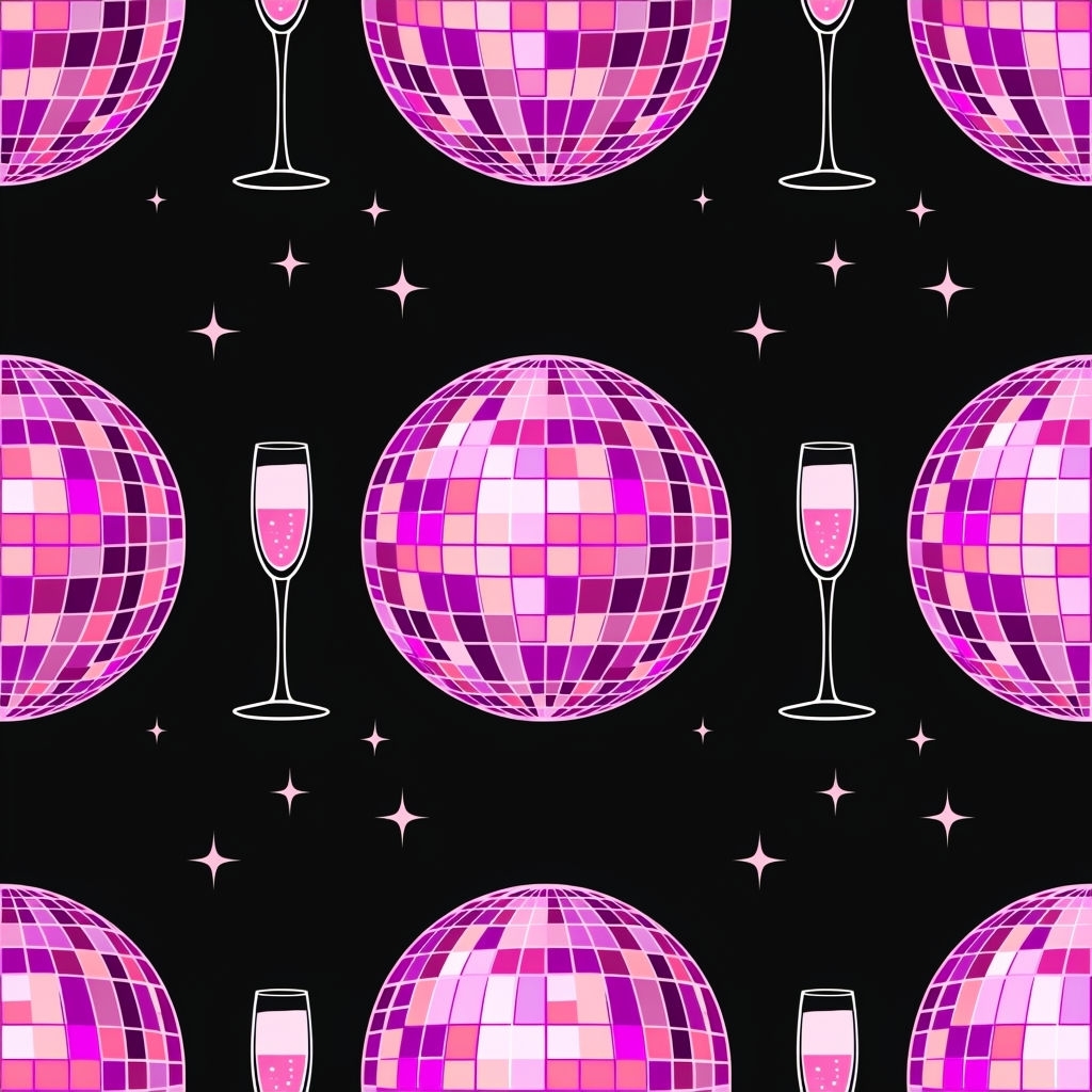 Vibrant Disco Balls and Champagne Glasses Seamless Pattern