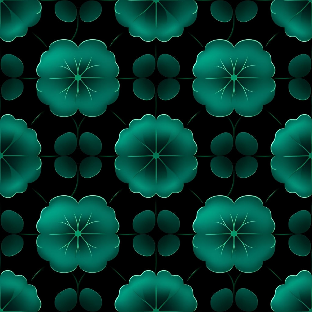 Teal Green Leaf Symmetry on Black Seamless Pattern Design