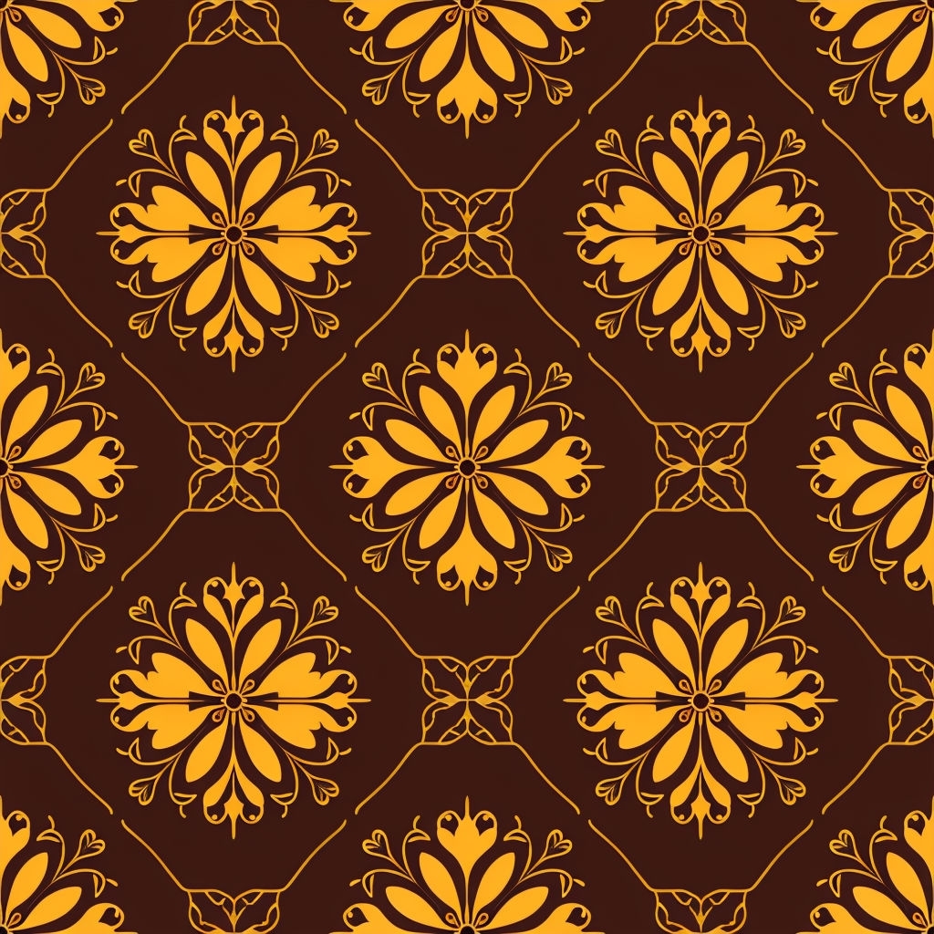 Elegant Floral Motif Geometric Pattern on Dark Brown Background Seamless Pattern